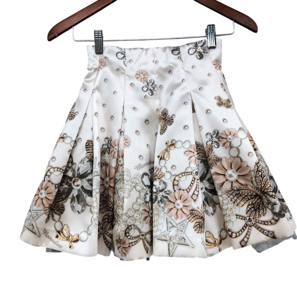 Monnalisa Pleated Skirt Girls 11 146 Cream‎ Butterfly Pearl Jewel Faille 718702